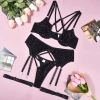 Lingerie Mesh Flocking Sexy Seduction Cross Strap Sexy Uniform Four Piece Set Steel Ring
